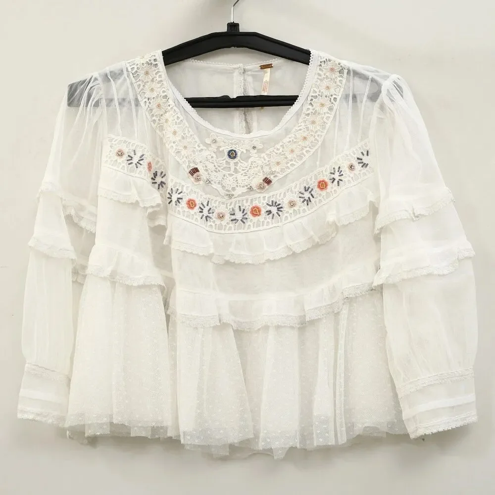 Free People Daisy Daze Blouse Top Ruffle Embroidered Lace Sheer Sequin XS 289937